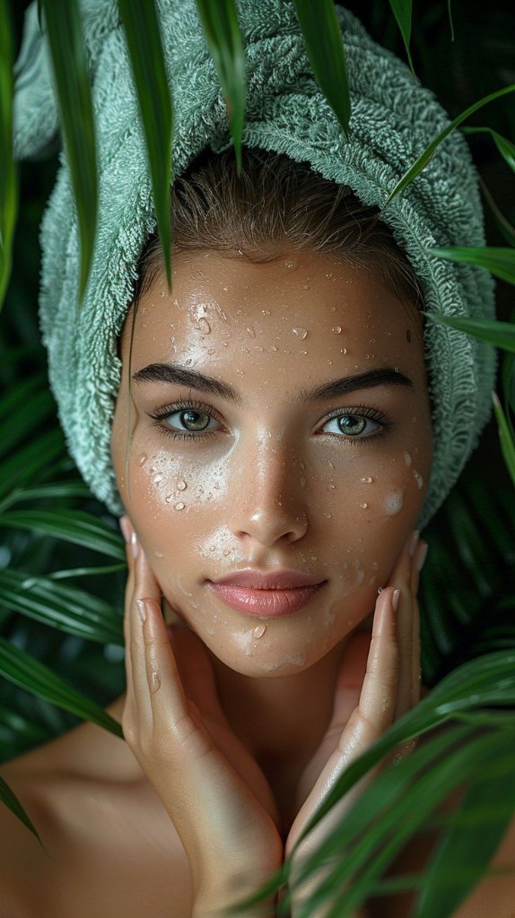 Refreshing facial and skincare — glowing skin with natural greenery